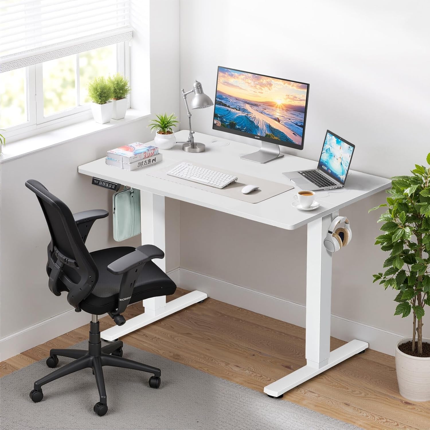 40 X 24 in Electric Standing Desk - Memory Height Adjustable Ergonomic Sit-To-Stand Rising Computer Table Gaming Workstations with 2 Hooks and Wire Hole for Home Office, White