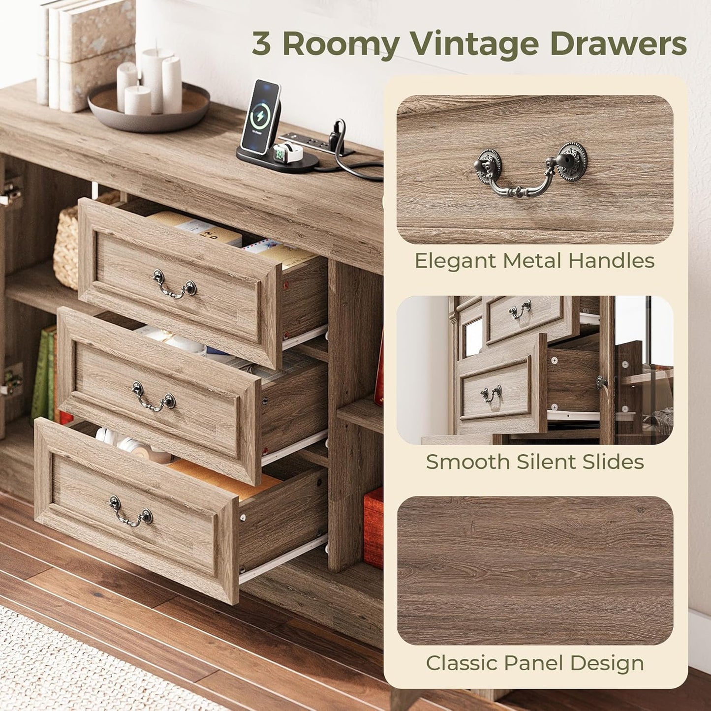 Farmhouse TV Stand for 65 Inch TV with Outlets, 59" Entertainment Center with 3 Drawers and 2 Storage Cabinet, Glass Doors and Adjustable Shelf, Console Tables for Living Room, Light Rustic Oak