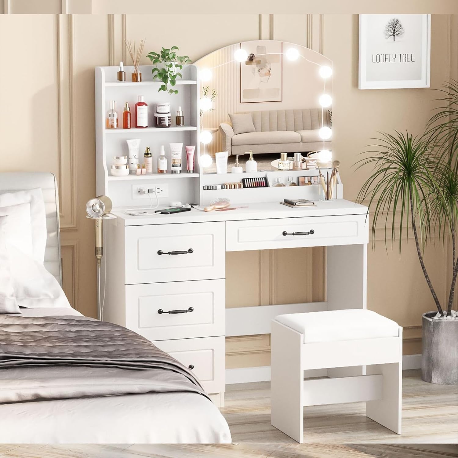 Makeup Vanity Desk with Lights and Charging Station, White Vanity Set Makeup Table with 4 Drawers Lots Storage, 3 Lighting Colors, Large Size 39.4In(W)