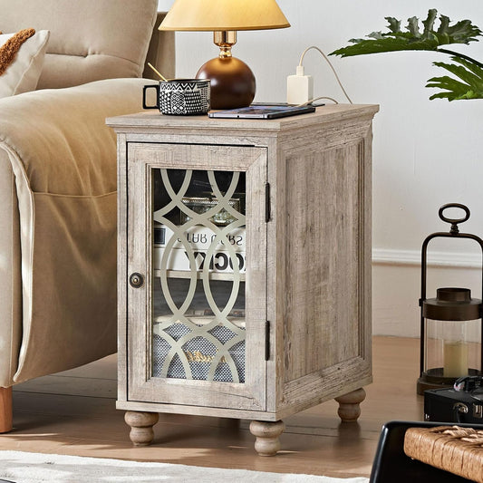 Narrow Side Table with Charging Station, Night Stand with Glass Door, Bedside End Tables with Adjustable Shelf Storage Cabinet,Wood Nightstand for Small Spaces Living Room Bedroom