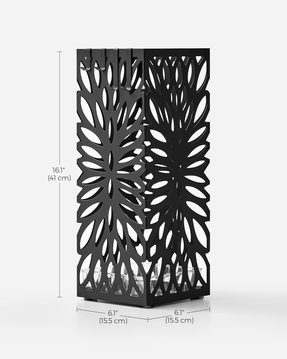 Umbrella Stand, Umbrella Holder for Entryway, Steel Square Umbrella Rack Organizer Freestanding, for Canes Walking Sticks, with a Detachable Drip Tray, 4 Hooks, Black ULUC026B33