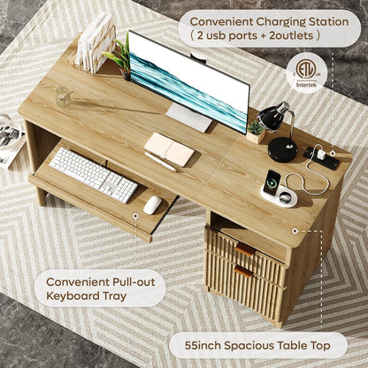 Computer Desk with Drawer, 55 Inch Office Desk with Power Outlet, Modern Home Office Desk with Keyboard Tray (Natual Oak, 55" W with Single-Sided Drawers)