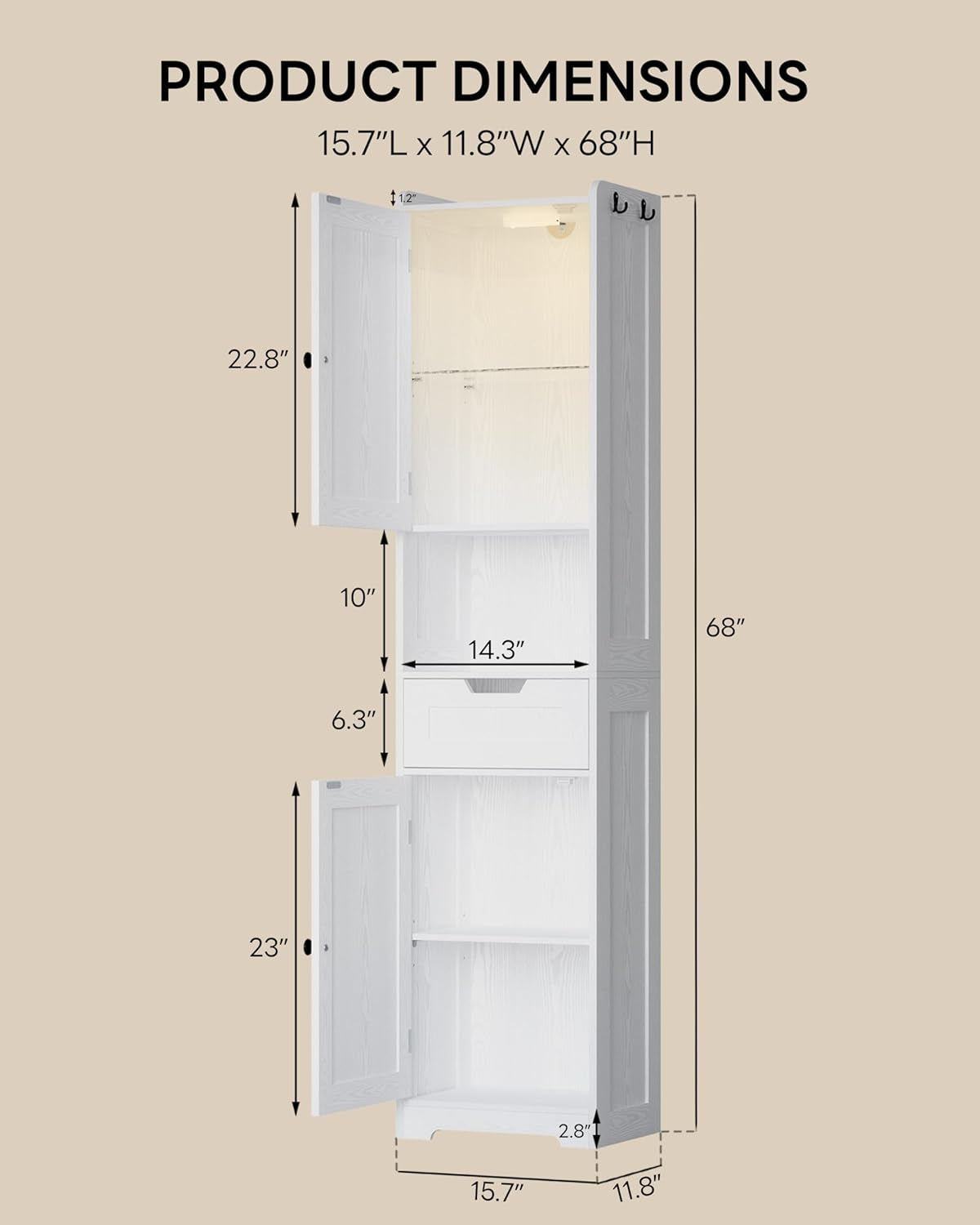 68" Tall Bathroom Storage Cabinet with Lights, Narrow Bathroom Storage Cabinet with Adjustable Shelves & 2 Hooks, Slim Freestanding Cabinet for Small Space, Kitchen, Living Room, White