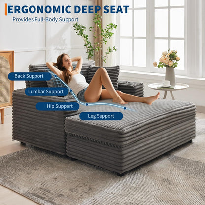 60-Inch Oversized Chaise Lounge Chair Indoor, Comfy Corduroy Lounge Sofa with Charging Station, Cup Holders & Throw Pillows, Cozy Sleeper Couch for Living Room Apartments, Grey