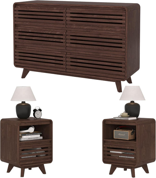 3 Piece Bedroom Set, Dresser and Nightstand Sets, Fluted 6 Drawer Dresser and Nightstand Set of 2, Wood Wide Chest of Drawers Storage Organizer Cabinet Set, Dark Walnut