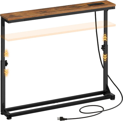 Narrow Console Table Set of 2 with Adjustable Height, behind Couch Table with Charging Station, 39.4" W X 5.9" D Skinny Sofa Entryway Table, for Living Room, Hallway, Rustic Brown BF95UXGP201