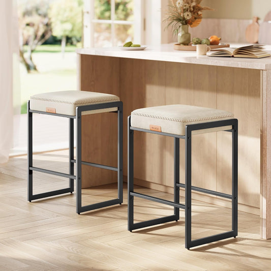 EKHO Collection - Bar Stools Set of 2, Counter Height Bar Stools, Synthetic Leather with Stitching, Mid-Century Modern Counter Stools, 26-Inch Tall, Kichen Home Bar Dining Room, Cream White