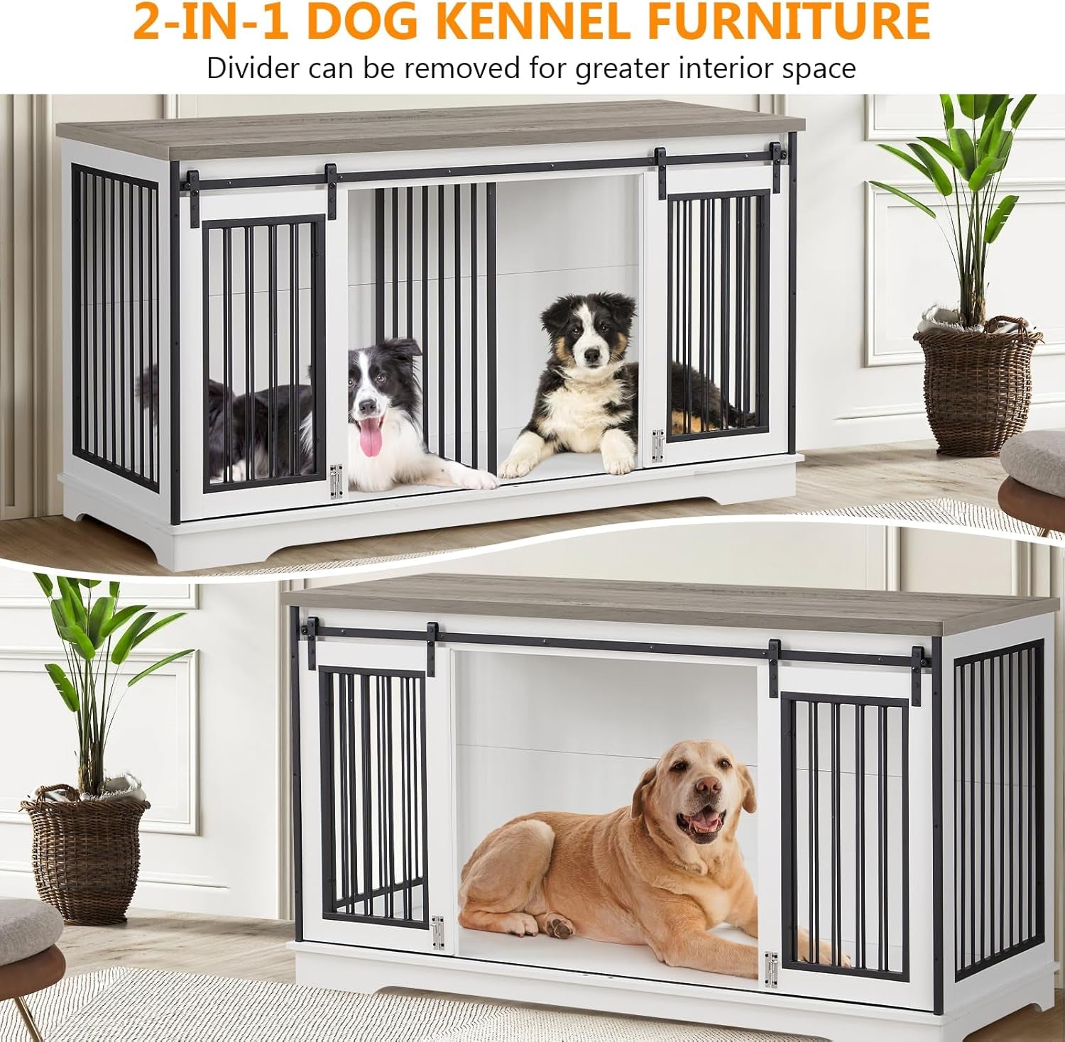 2-In-1 Double Dog Crate Furniture for 2 Dogs 60.6 Inch White Sturdy Double Dog Kennel TV Stand with Divider and Sliding Doors