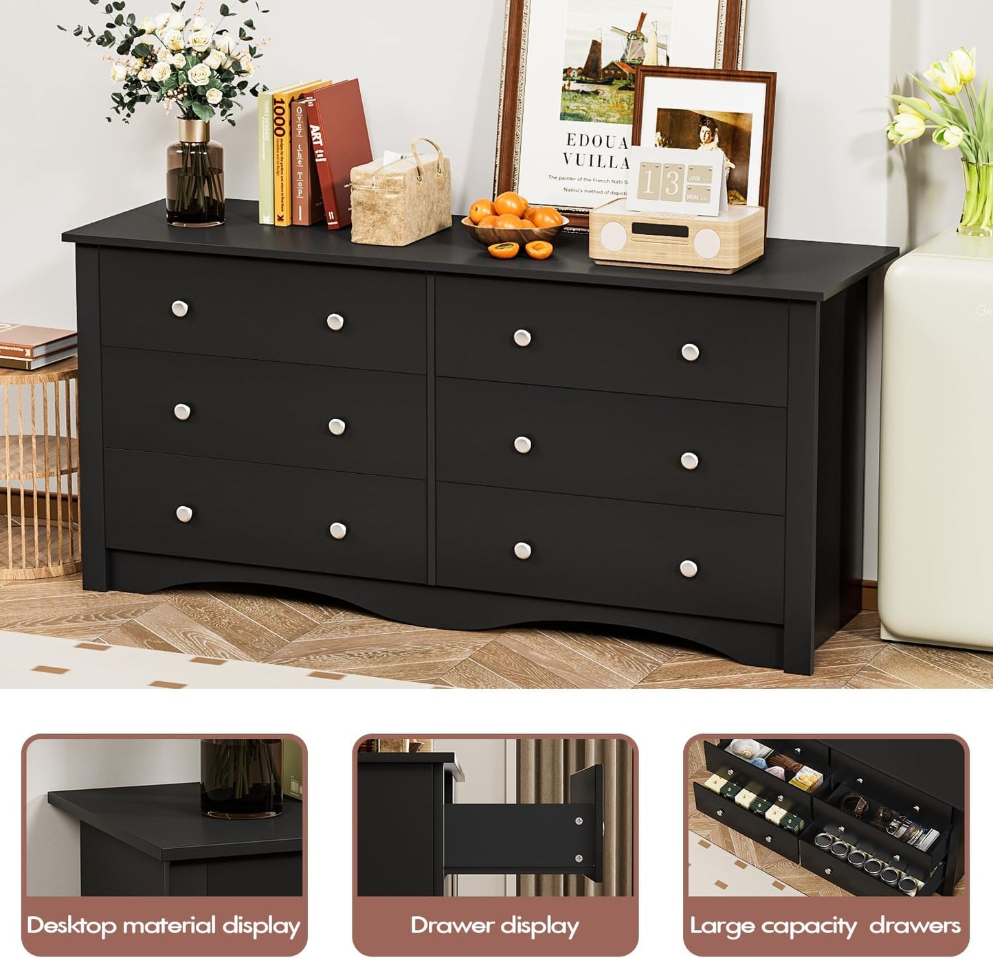 Wood Dresser for Bedroom, Wide Chest of Drawers with 6 Drawers,Storage Tower Unit, Modern Closet Store Organizer for Living Room, Hallway (Black)