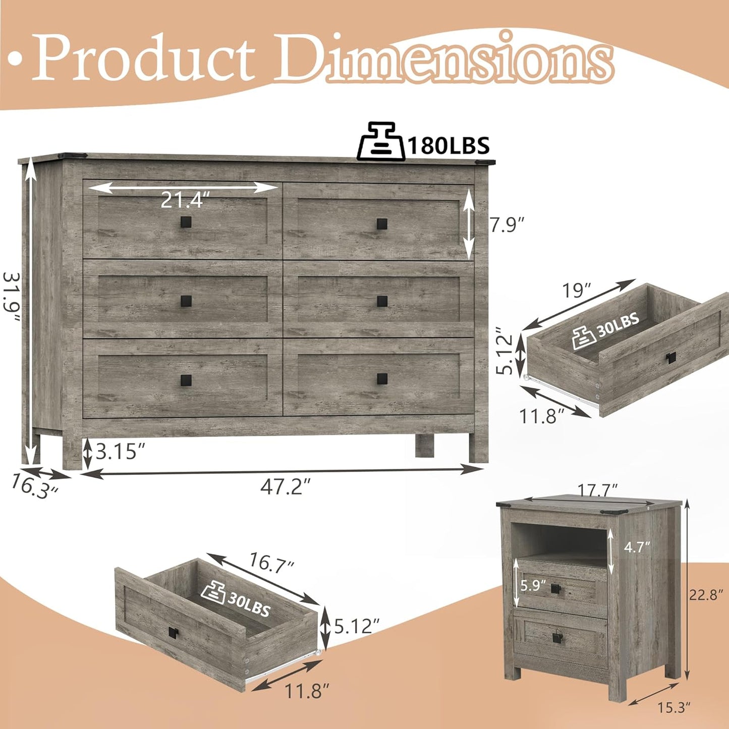Farmhouse Bedroom Furniture Set, Rustic Wood Double Dresser Chest of Drawers. 6-Drawer Chest of Drawers Wide Storage Organizer Cabinet for Bedroom, Living Room, 1Pc Dresser+1Pc Nightstand