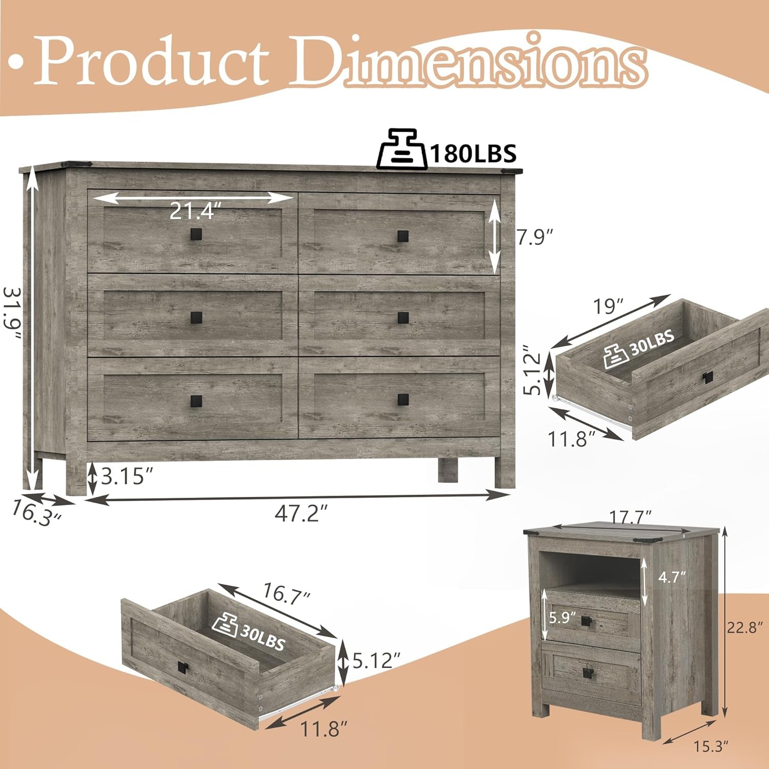 Farmhouse Bedroom Furniture Set, Rustic Wood Double Dresser Chest of Drawers. 6-Drawer Chest of Drawers Wide Storage Organizer Cabinet for Bedroom, Living Room, 1Pc Dresser+1Pc Nightstand