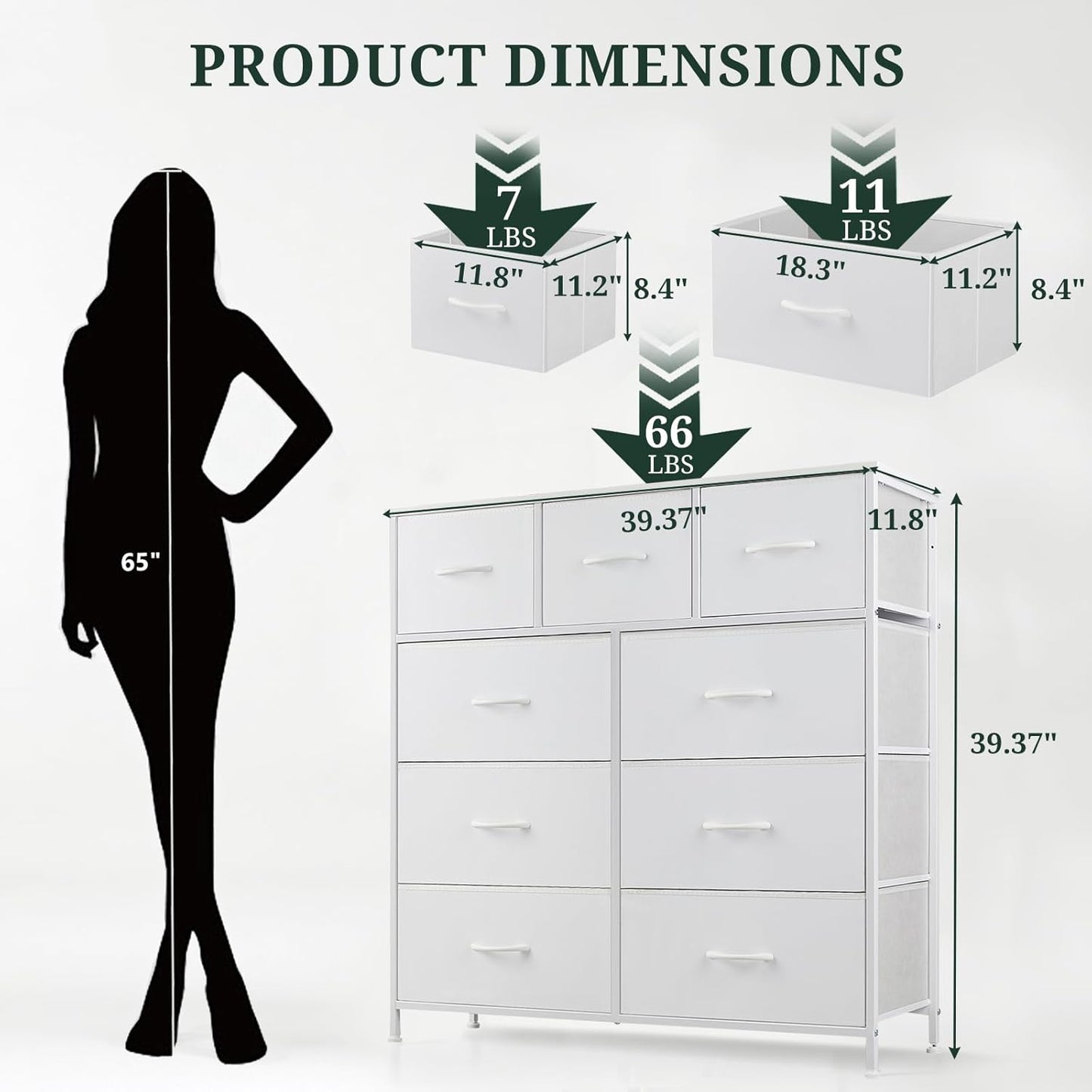 9-Drawer Dresser for Bedroom, Anti-Tip Tall Storage Organizer Chest of Drawers with Wooden Top and Metal Frame Fabric Bins for Closet, Living Room, Hallway, Entryway, White