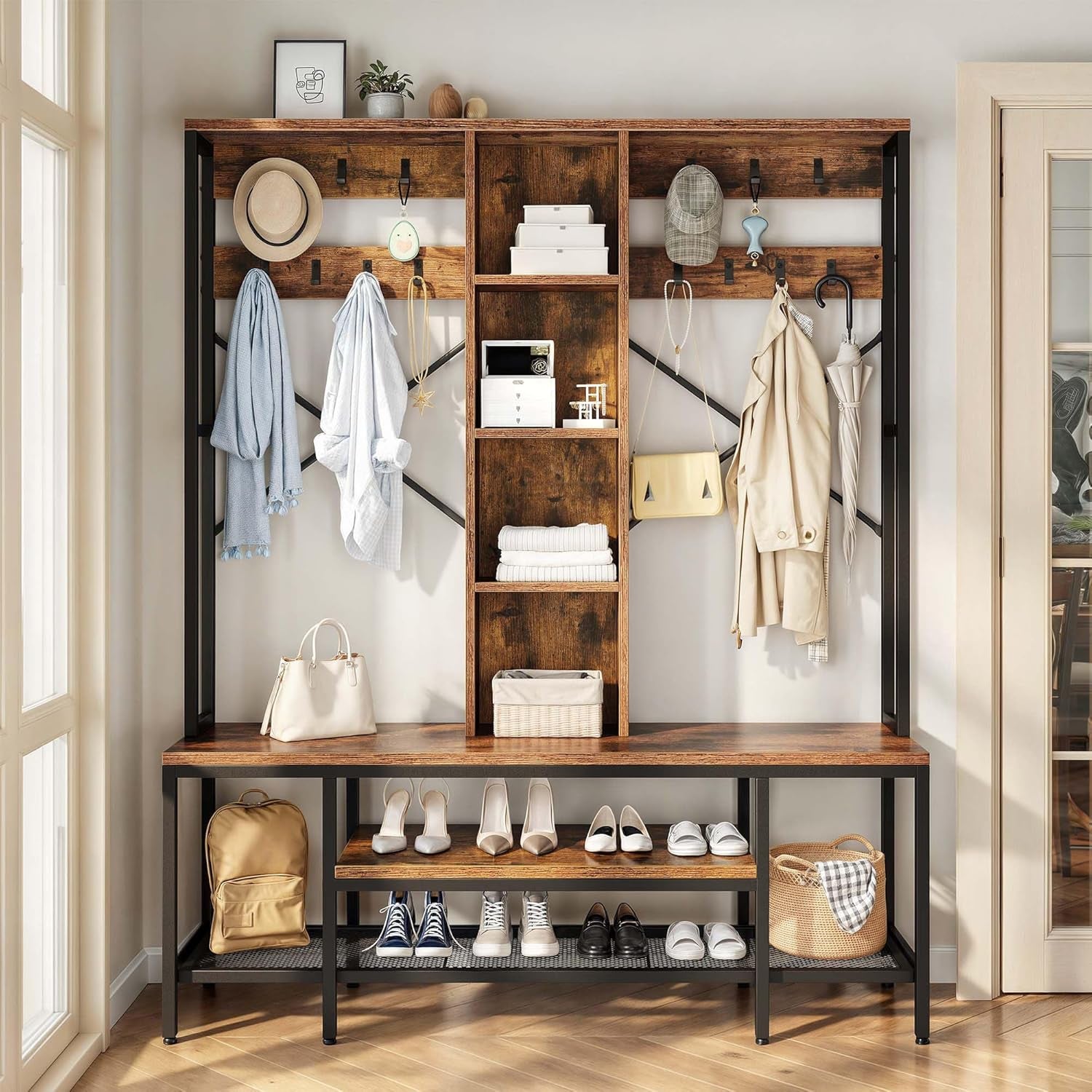 Farmhouse Entryway Bench with Coat Rack 59", 5-In-1 Hall Tree with Bench and Shoe Storage for Entrance, Living Room, Bedroom, Rustic Brown