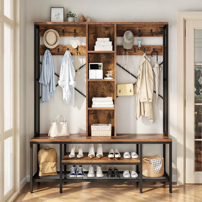 Farmhouse Entryway Bench with Coat Rack 59", 5-In-1 Hall Tree with Bench and Shoe Storage for Entrance, Living Room, Bedroom, Rustic Brown