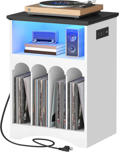 Farmhouse Record Stand with Charging Station and LED Lights, Compact Vinyl Storage Cabinet Holds up to 230 Albums, Turntable Holder for Living Room, Bedroom, Black and White WB40UDRS01
