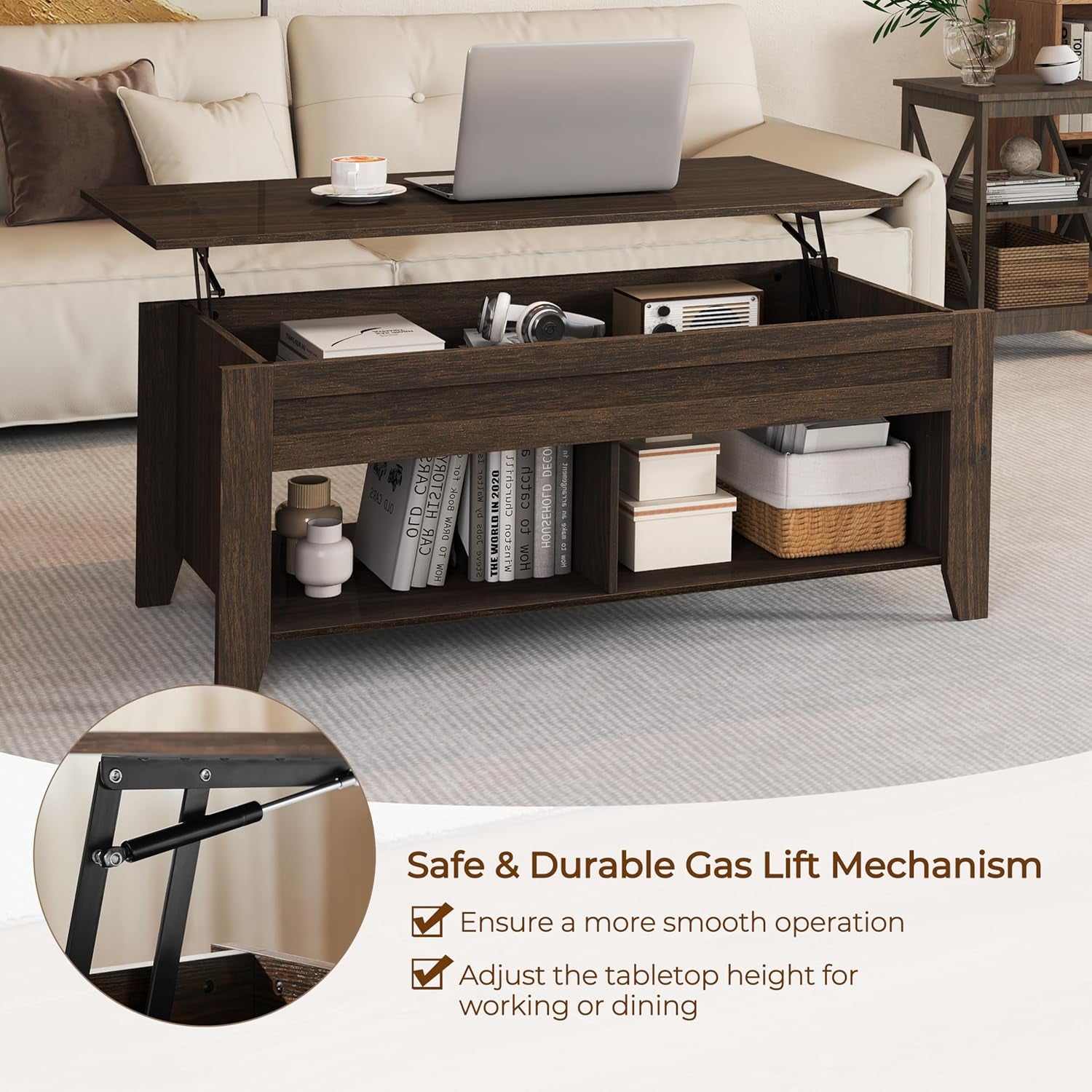 Lift Top Coffee Table with Hidden Storage Compartment & 2 Open Shelves, Rising Tabletop Pop up Center Table for Living Room Reception Room, 47.5'' L, Espresso