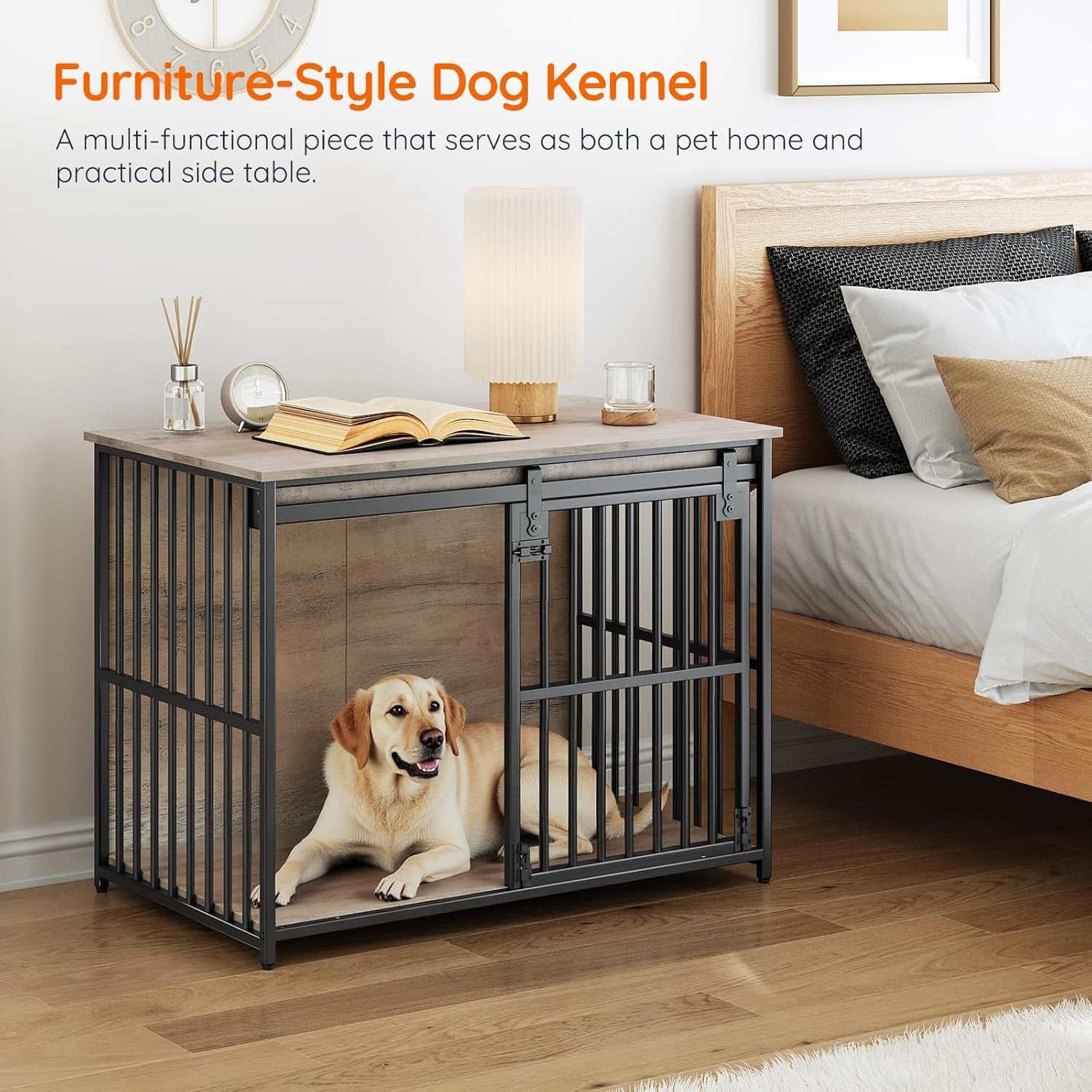 Dog Crate Furniture, 36.6" Heavy Duty Dog Kennel with Sliding Barn Door, Wooden Dog Cage Indoor, Decorative Side End Table for Small/Medium Dogs, Greige and Black GY162GW03G1
