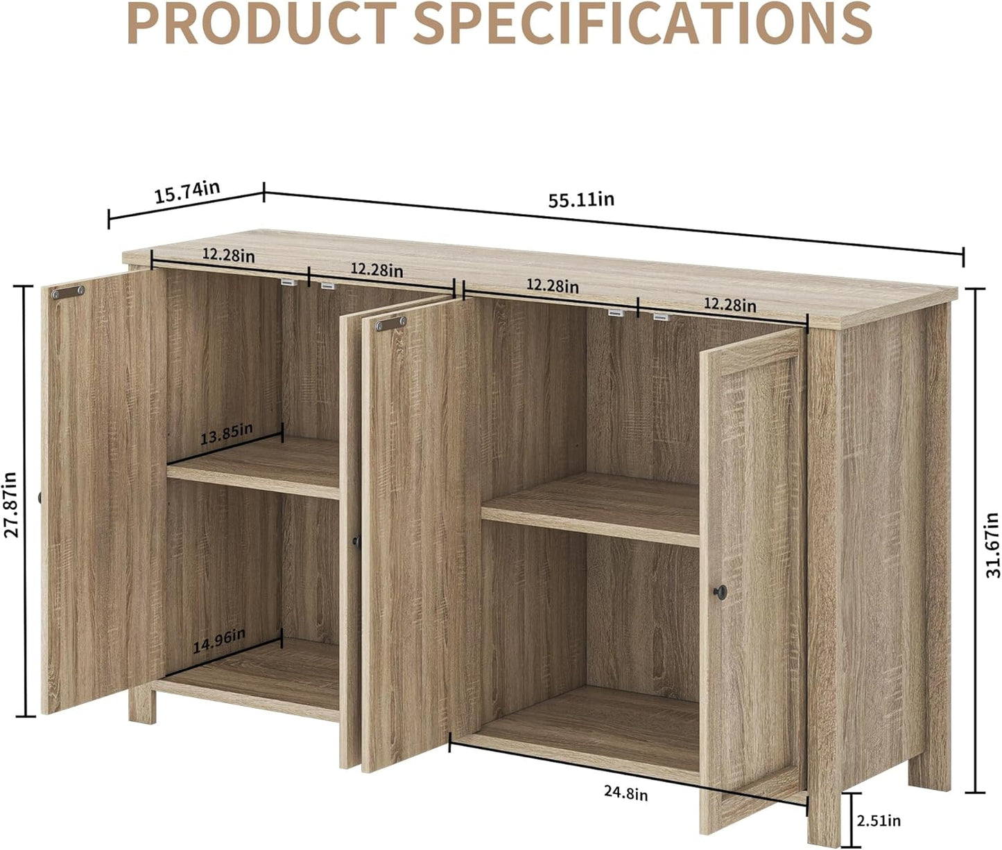 Buffet Cabinet with Storage Farmhouse Buffet Sideboard with 4 Doors, 55'' Large Kitchen Storage Cabinet Wood Coffee Bar Buffet Table for Kitchen, Dining Room, Entryway