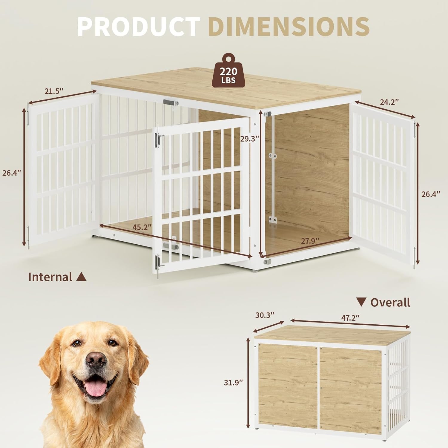 48" Heavy Duty Dog Crate Furniture, Wooden Dog Cage Kennel for Lrage and Extra Large Dogs, Dog Kennel Indoor with Side Door, Decorative Pet House End Table, White and Natural
