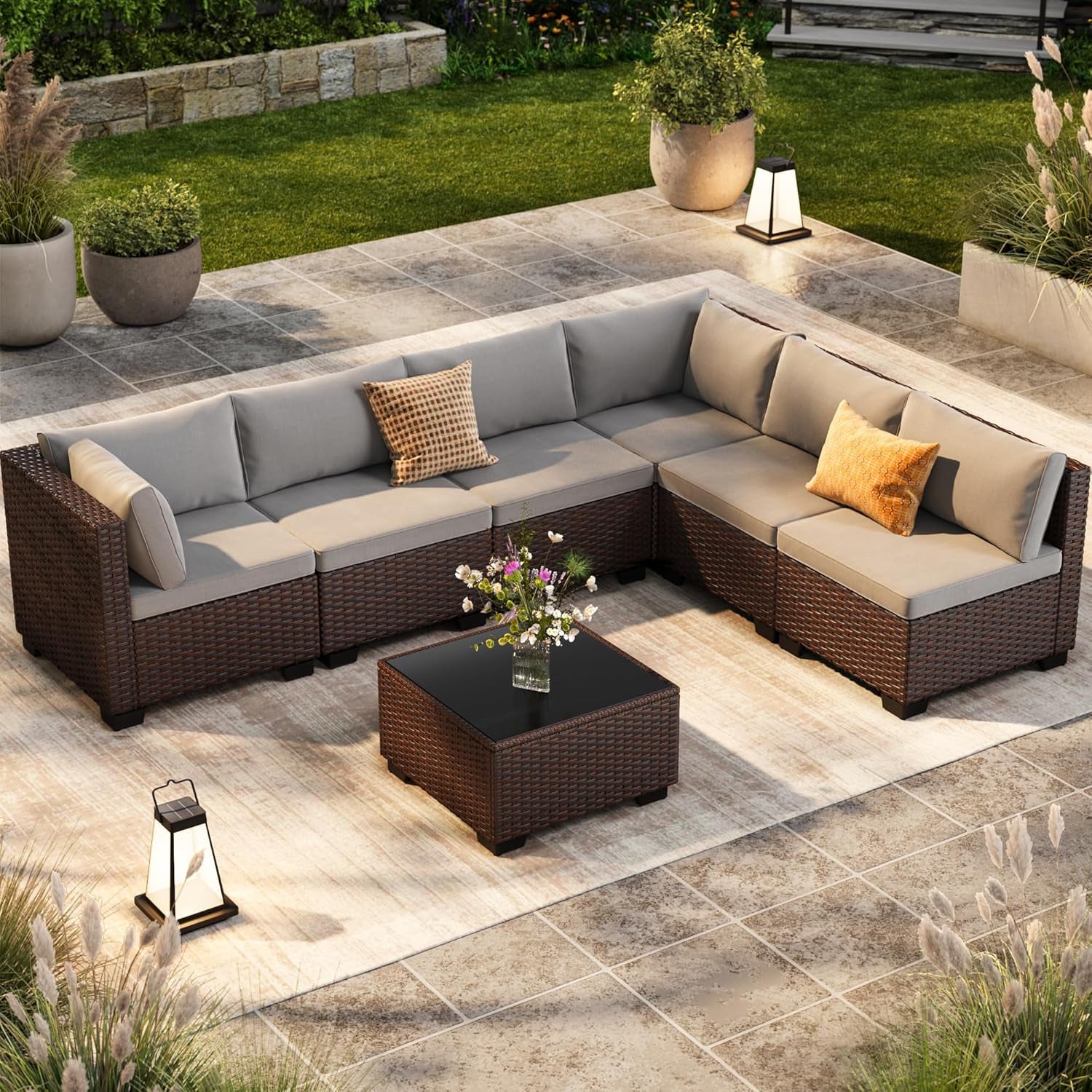 7-Piece Patio Furniture Set, Outdoor Sectional Couch with Water-Resistant Cushions & Coffee Table, PE Rattan Outdoor Patio Sofa Set for Backyard, Deck, Garden, or Porch, Grey