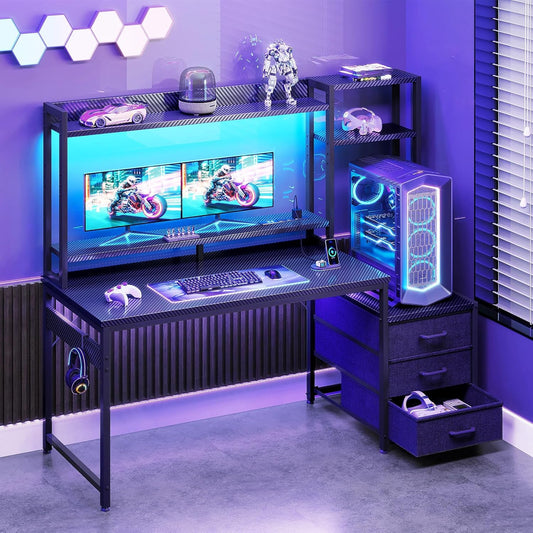 48 Inch Gaming Desk with Hutch & 3 Fabric Drawers, Computer Desk with USB Ports & LED Lights, Reversible Pc Gamer Table with Monitor Stand for Home Office, Carbon Fiber Black