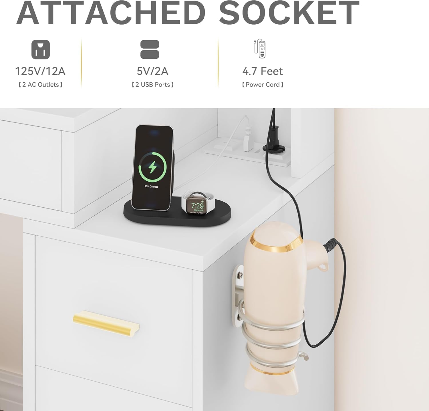 Makeup Vanity Set with Mirror & 3-Mode Lights, Vanity Desk with Storage Stool, Power Outlet, Shelves, Drawers & Hair Tool Holder, Dressing Table for Apartment Dorm Guest Room, White