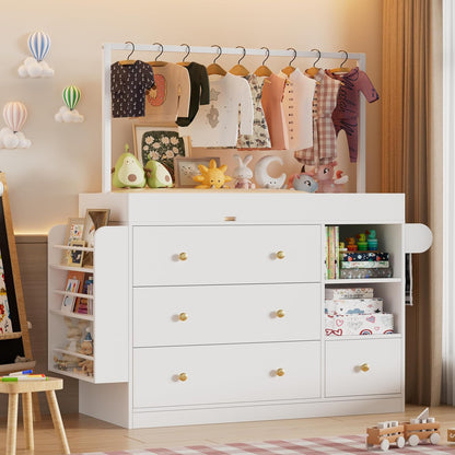 Modern Changing Table Dresser,Baby Dressing Table with 4 Drawers and Storage Shelves,Multi-Functional Baby Changing Table with Drying Rack for Nursery, White
