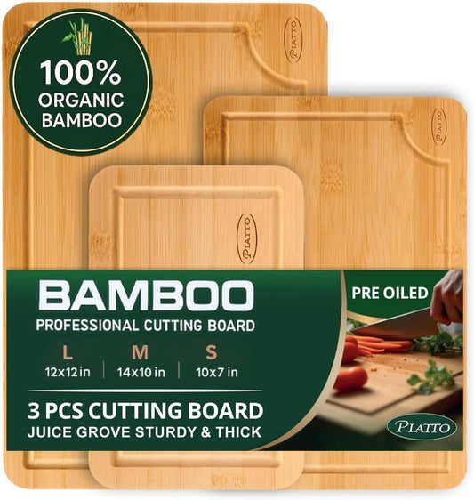 Bamboo Cutting Board for Kitchen (3 Pcs) – Durable Wooden Cutting Board Non Toxic – Chopping Boards for Kitchen with Deep Juice Groove and Built-In Handles, Ideal Charcuterie, Meat, Vegetables