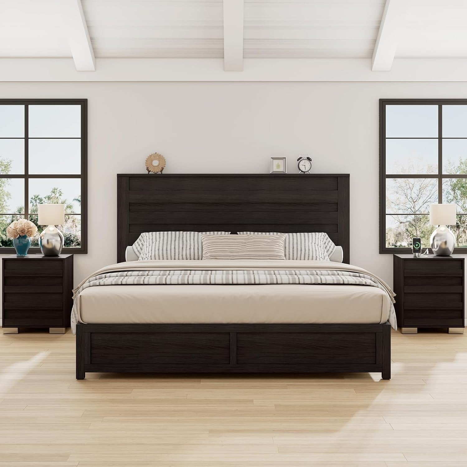 3-Piece Bedroom Set, Including Farmhouse Queen Size Bed Frame with Flutted Headboard, Nightstands Set of 2 with Charging Station, Black
