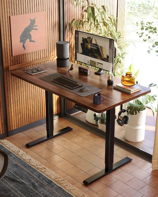 48 X 24 Large One-Piece Standing Desk, Adjustable Height Electric Computer Home Office Sit Stand up Workstation, with 4 Memory Presets, Headphone Hook, Black Walnut
