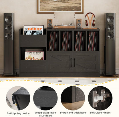 Record Player Stand, Vinyl Record Player Table with Storage Cabinet and Drawers, Mid Century Modern Turntable Stand Holds up to 600+ Albums for Living Room, Music Room, Black