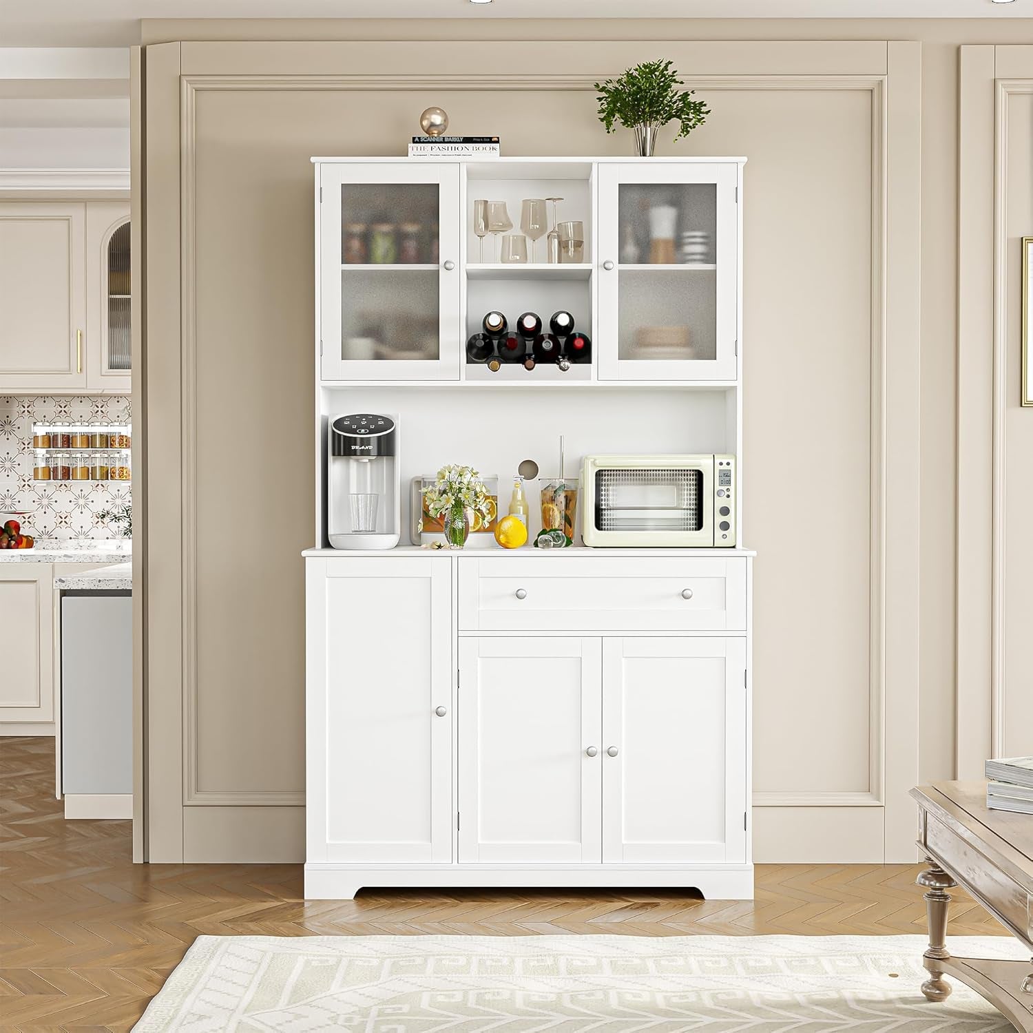 Kitchen Pantry Storage Cabinet, Modern Buffet Cabinet with Hutch, Tall Kitchen Hutch with Microwave Stand, Food Pantry with Doors and Shelves | Wine Rack for Dining Room, White