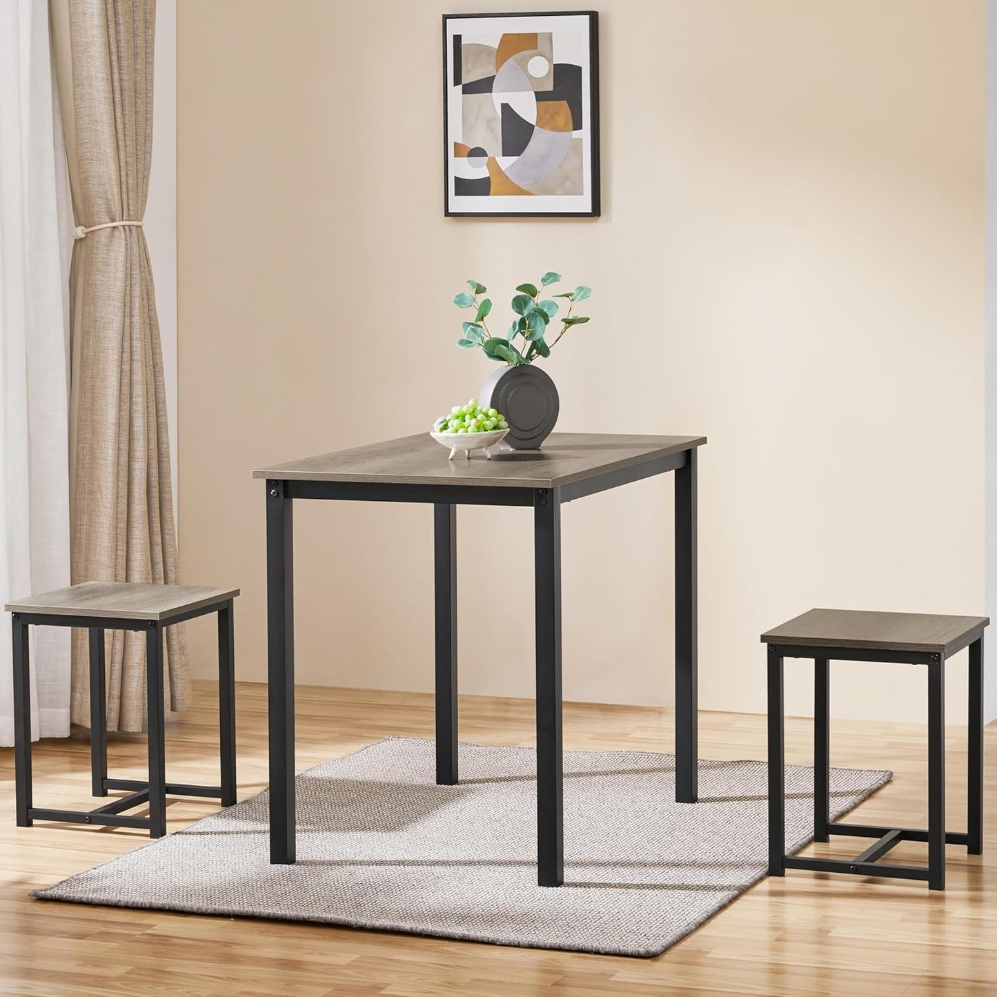3 Piece Dining Table Set - Kitchen Table & Chair Sets for 2 - Compact Table W/ 2 Stools & Space Saving Design for Dining Room Living Room Kitchen, Gray