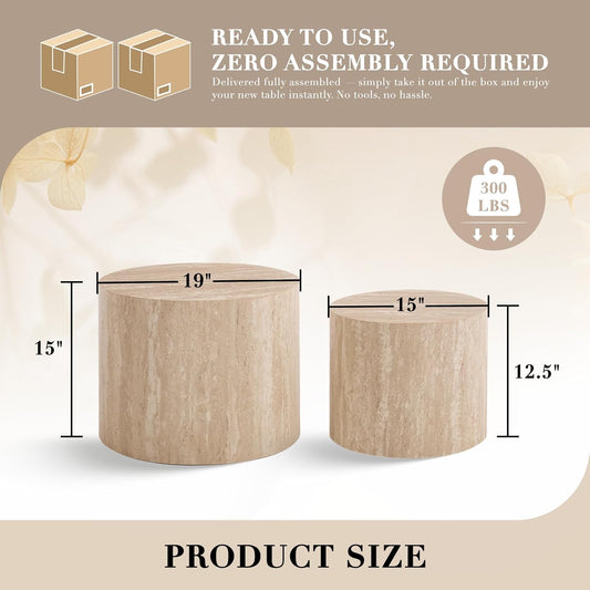 round Wood Nesting Coffee Table Set of 2, Modern Circle Travertine End Side Table Sets for Living Room, Light Wooden Color/No Assembling