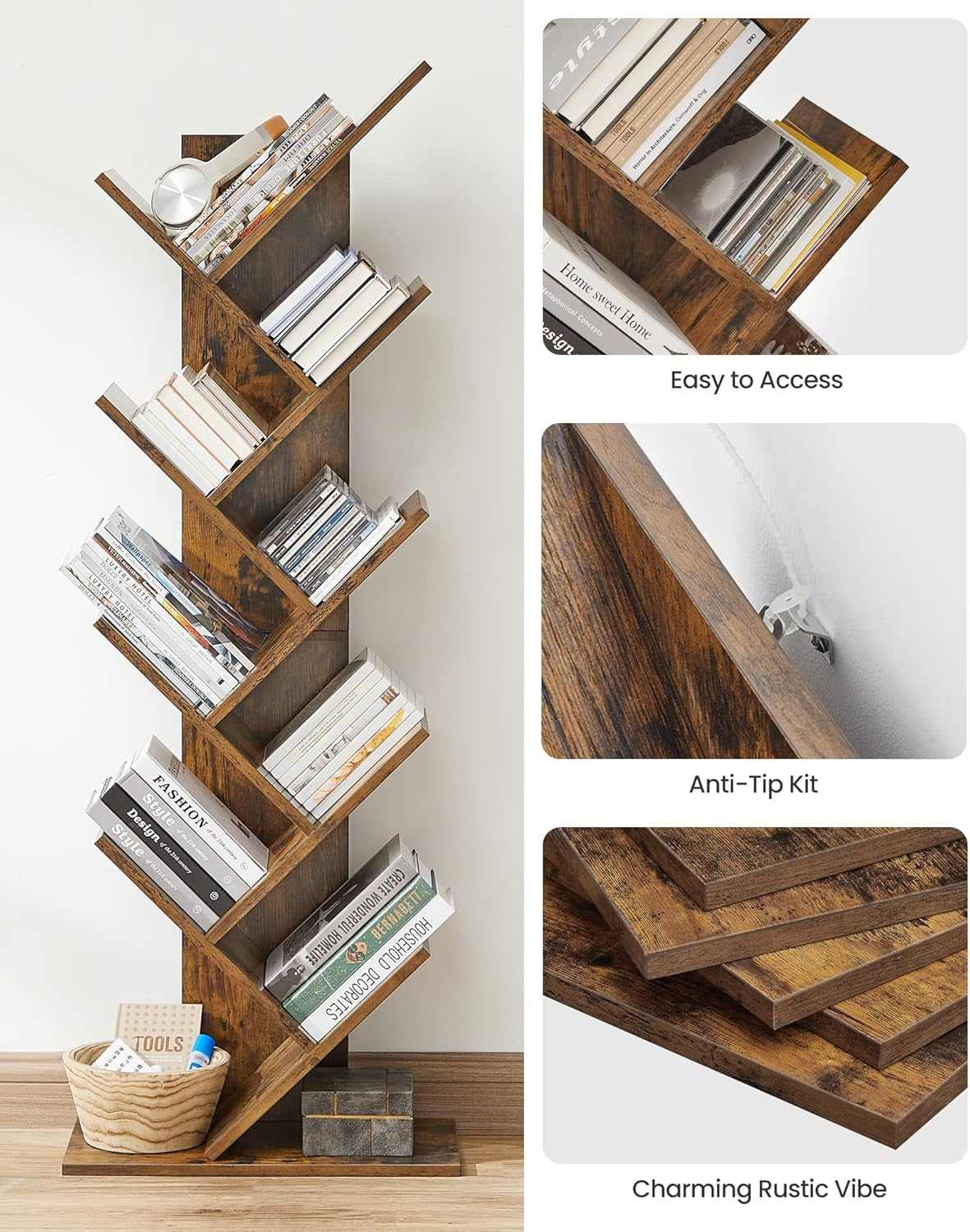 Tree Bookshelf, 9-Tier Bookcase, Large Bookshelf, Space-Saving Corner Shelf, Book Tree, Holds Books, Cds, Games, for Bedroom, Living Room, Home Office, Cloud White ULBC11WTV1