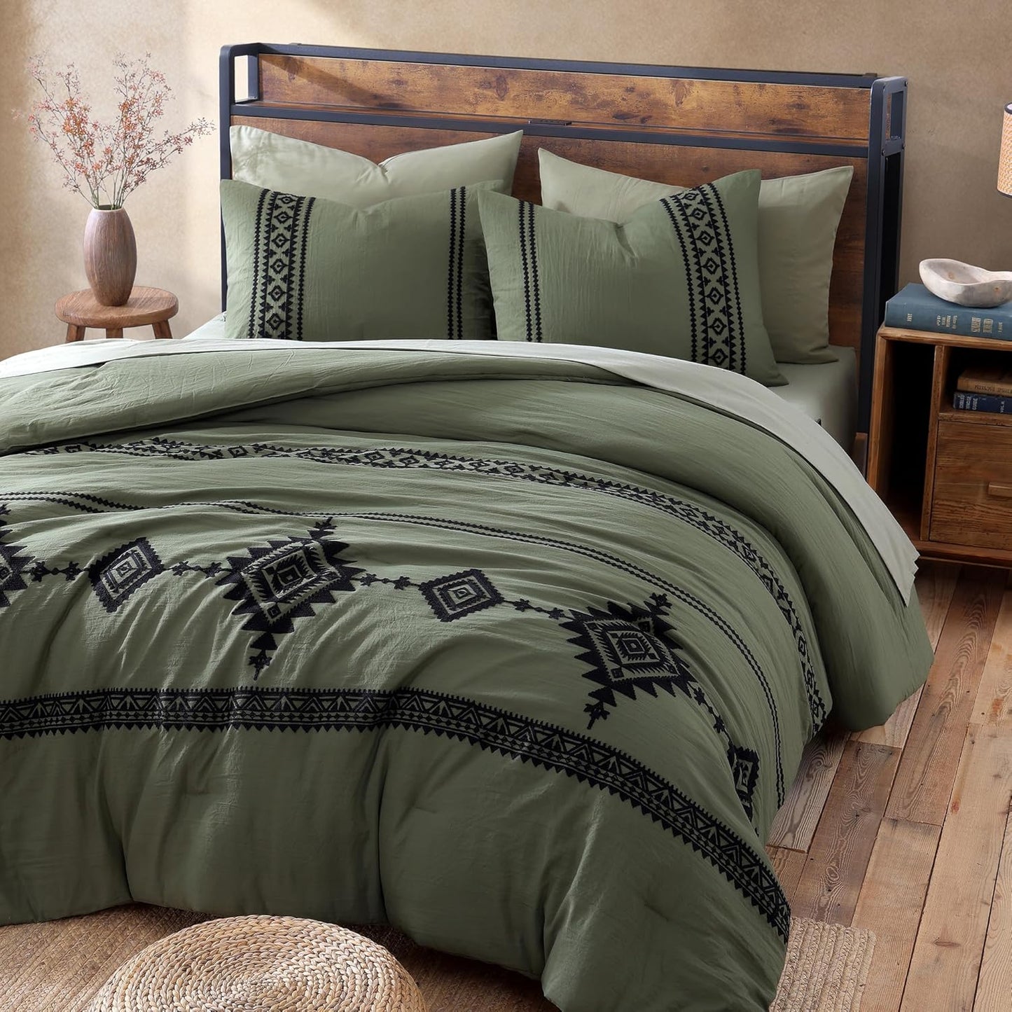 MAIREVE Embroidery Comforter Sets King Size Olive Green - 7 Pieces, Farmhouse Western Bedding Comforter Set, All Season Bed in a Bag King with Sheets, Comforters, Pillowcases & Shams