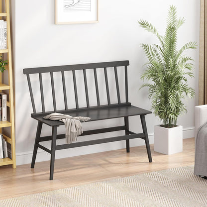 Bamboo Dining Bench, Black Entryway Bench with Spindle Back Farmhouse Wood Windsor for Foyer Balcony Living Room (Nature) (Black)