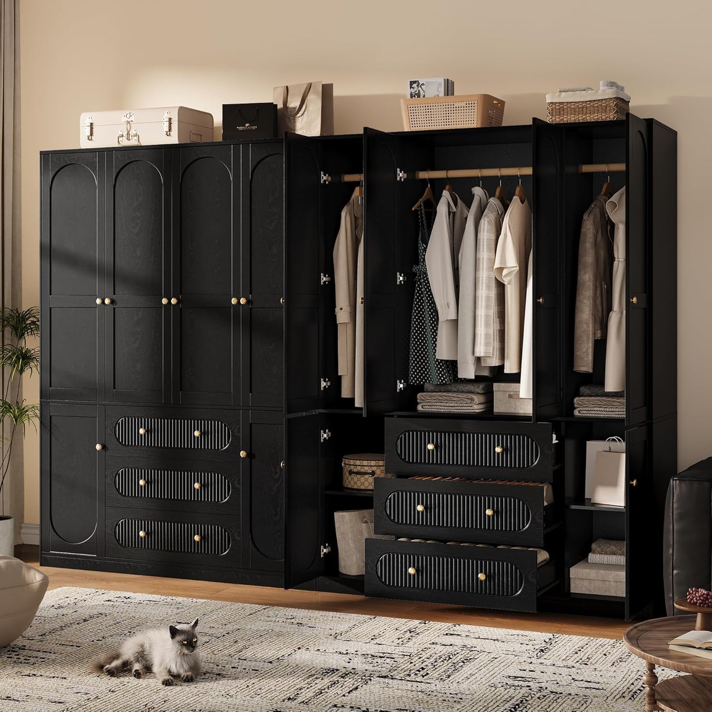 4 Doors Freestanding Armoire Wardrobe Closet, 72" Black Wardrobe Armoire Wooden Closet Large Capacity Storage with 3 Drawers & 3 Hanging Rod Shelves Clothes Organizer
