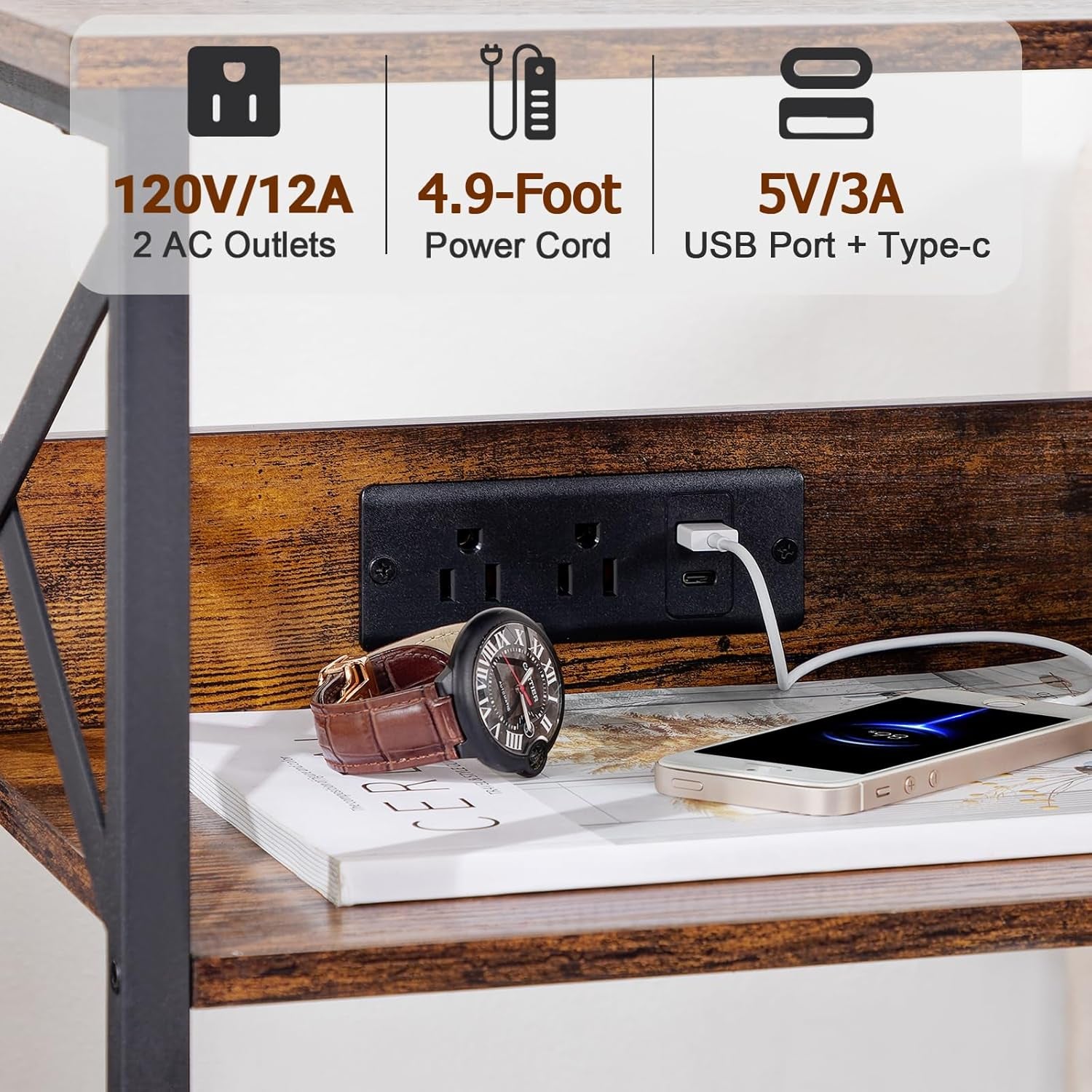 Record Player Stand with Charging Station, Turntable Stand with Storage Cabinet, 3 Tier End Table Hold up to 100 Albums, Record Table for Vinyl, Living Room, Rustic Brown, HETCD01BR-1