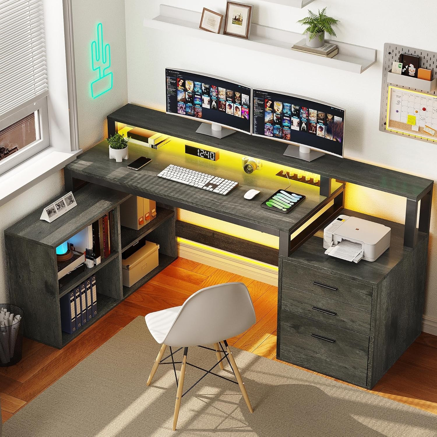 L Shaped Desk with Drawers, 65" Computer Desk with Power Outlets & LED Lights, Corner Home Office Desk with Storage Shelves & Printer Stand, Grey