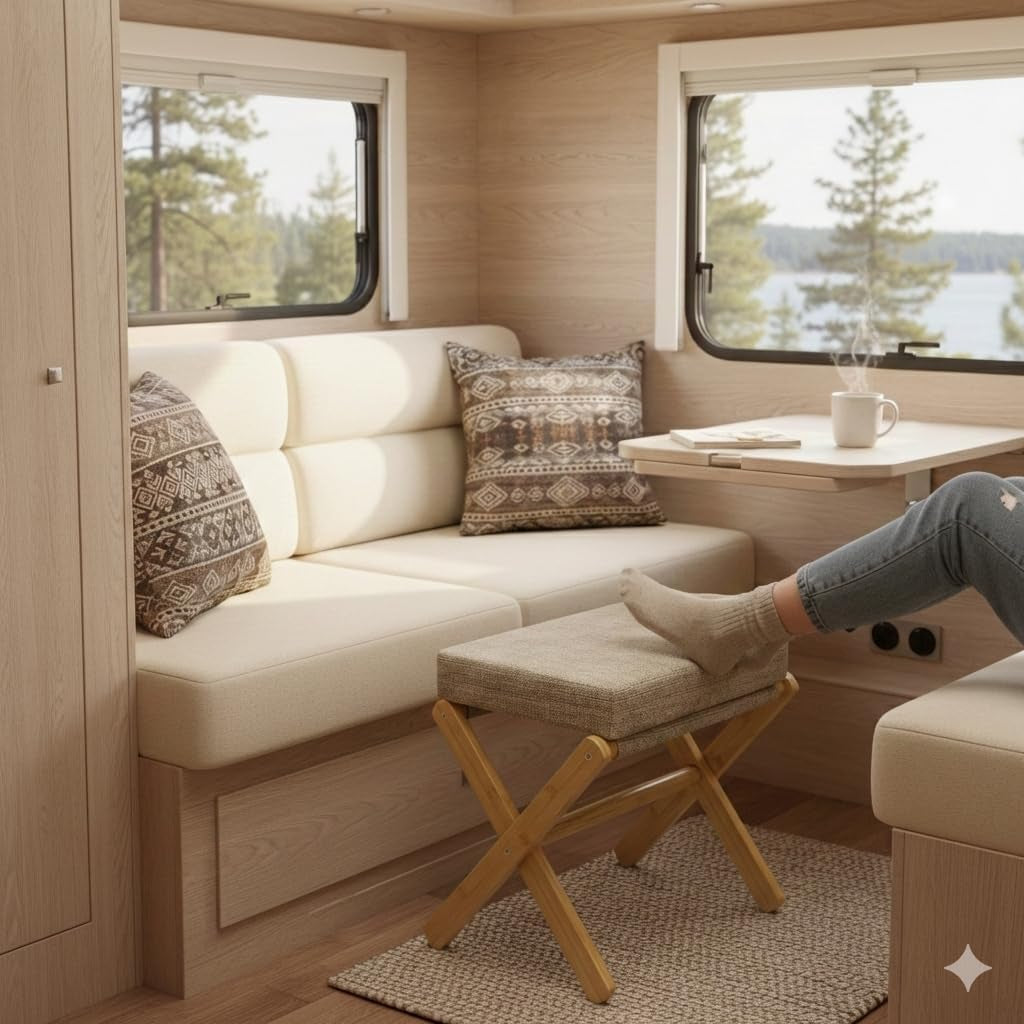 Foldable Foot Stool Ottoman, Modern Foot Rest with Bamboo X Legs & Thick Foam Cushion, Folding Foot Stools Small Padded for Bedroom Living Room, Footstool for Chair Couch (Natural - Brown)