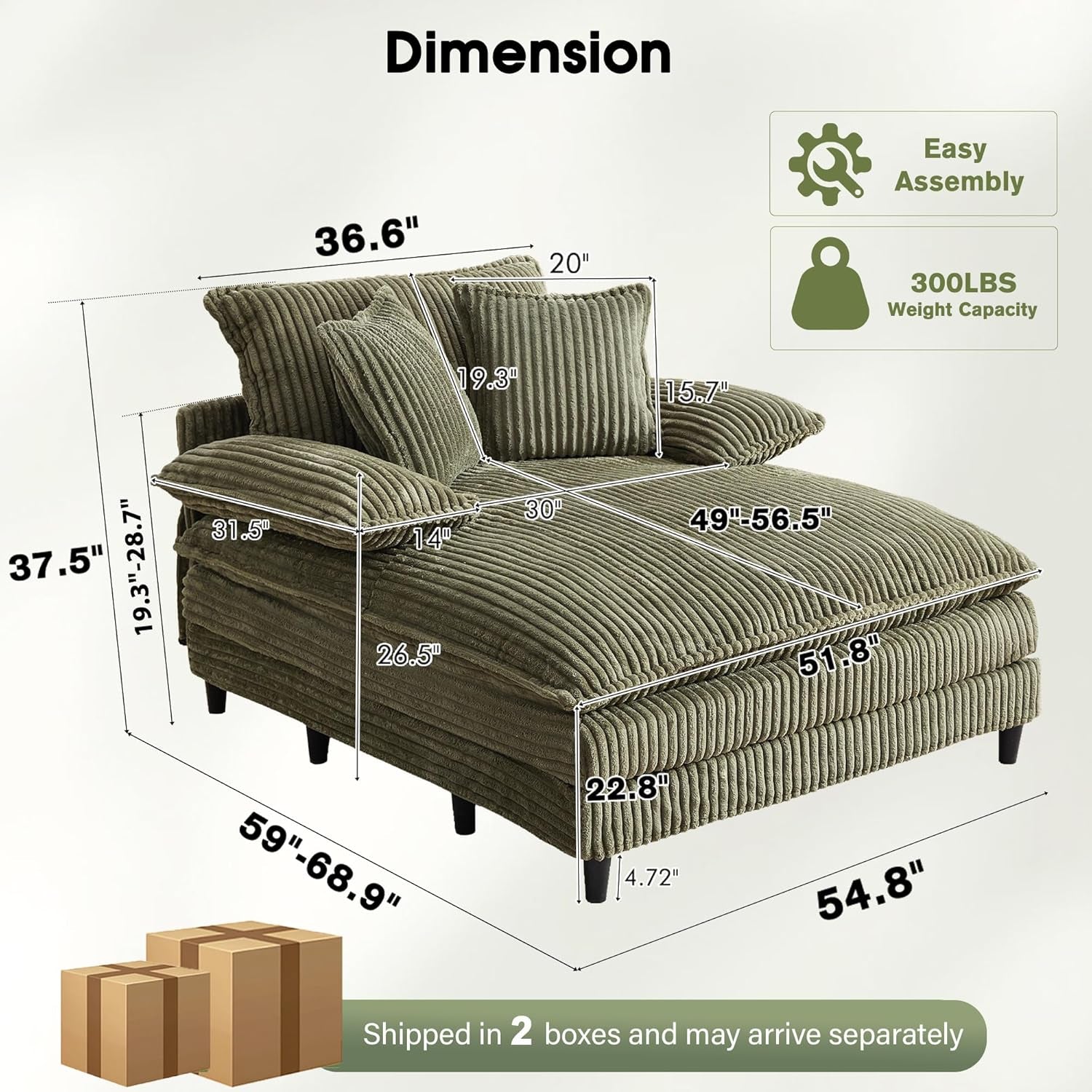 54.8" W Oversized Chaise Lounge Chair Indoor with 5-Position Adjustable Backrest, Corduroy Sleeper Sofa Bed with 3 Pillows, Modern Cloud Couch Chair for Living Room, Bedroom, Green