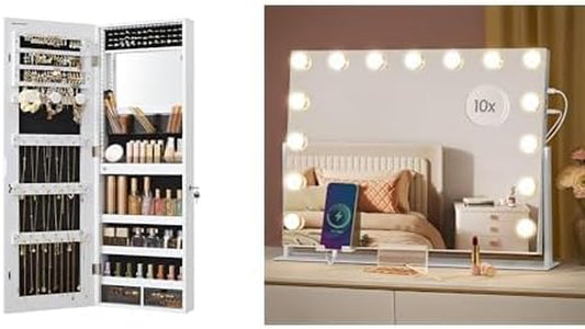 Jewelry Cabinet, Makeup Mirror, Arched Hanging Mirror, with Charging Ports, White UJJC013W01 and ULWM001W01V1