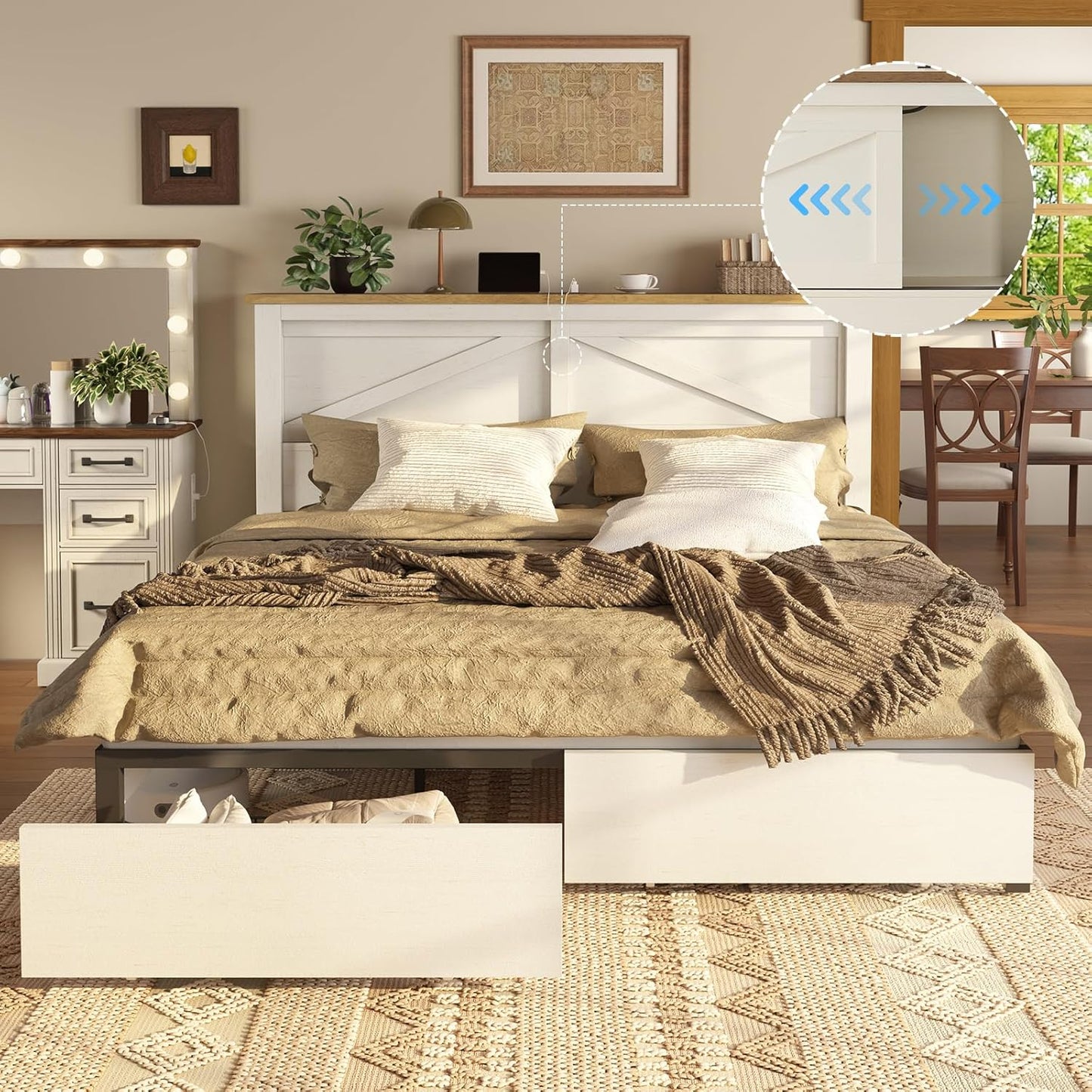 King 47.2" H Bed Frame with Hidden Space Bookcase Headboard and Charging Station, Beds with 2 Storage Drawers and Wood Slats, No Box Spring Needed, White & Barnwood