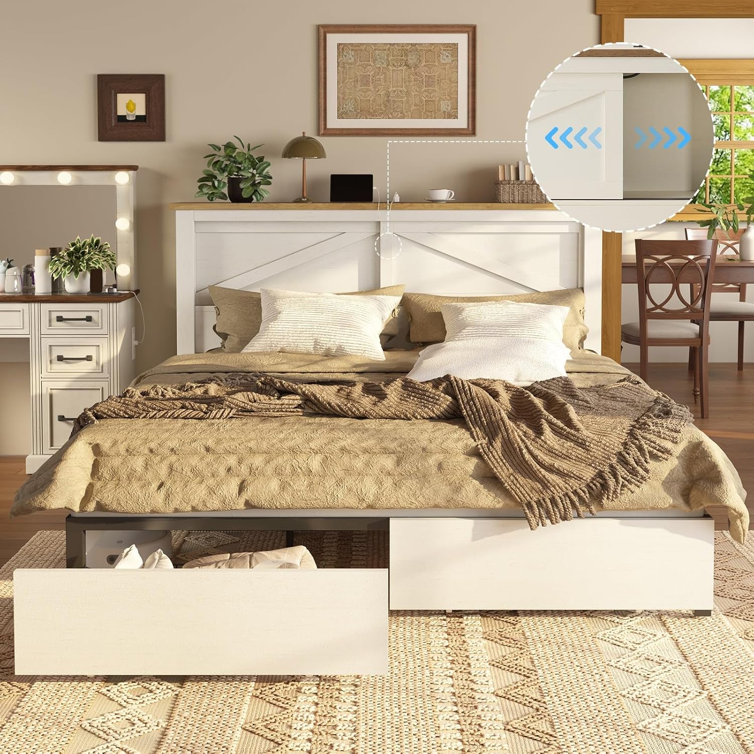 King 47.2" H Bed Frame with Hidden Space Bookcase Headboard and Charging Station, Beds with 2 Storage Drawers and Wood Slats, No Box Spring Needed, White & Barnwood