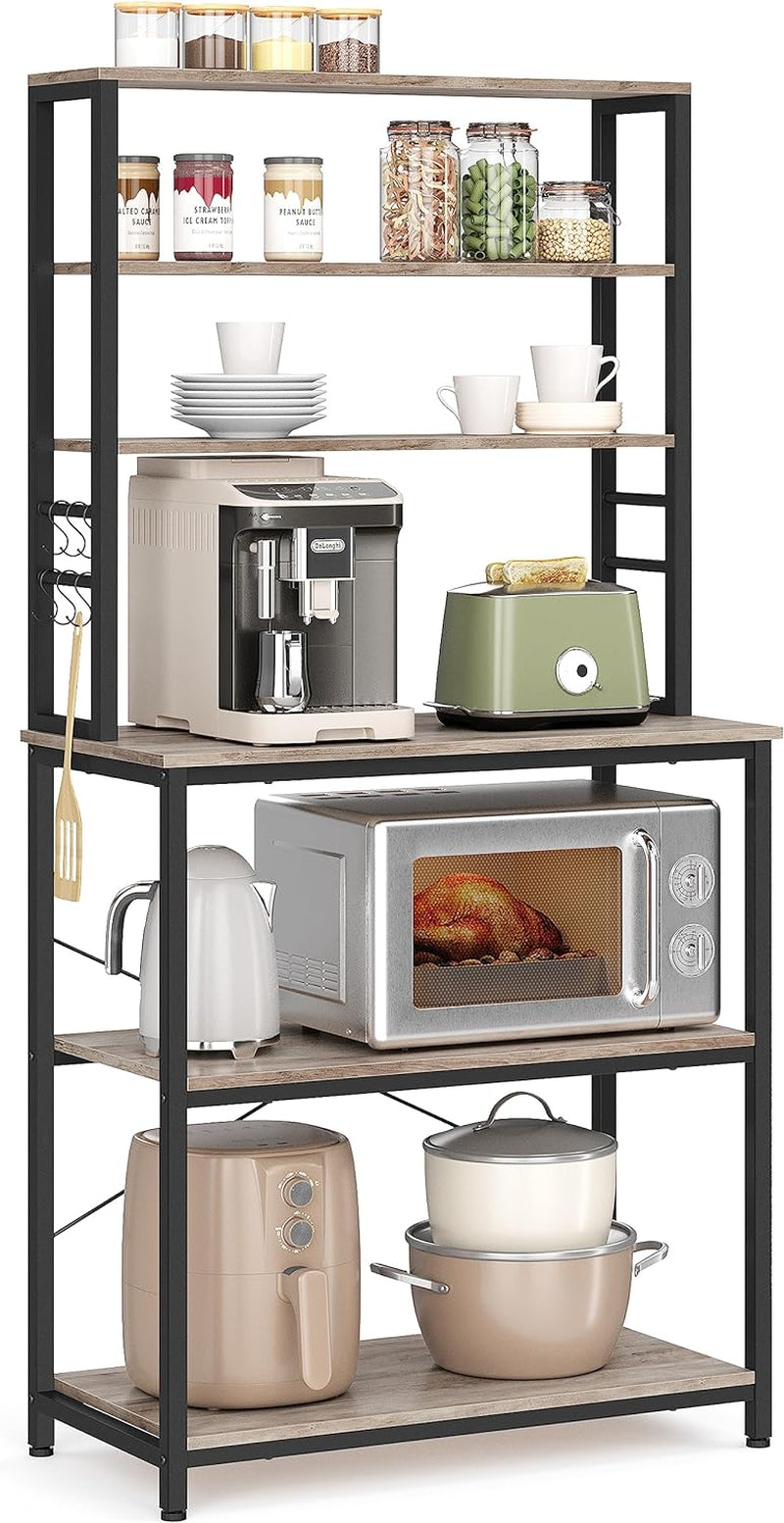 Coffee Bar, 31.5 Inches Baker'S Rack for Kitchen with Storage, 6-Tier Kitchen Shelves with 6 Hooks, Microwave Stand, Industrial, Greige and Black UKKS019B02