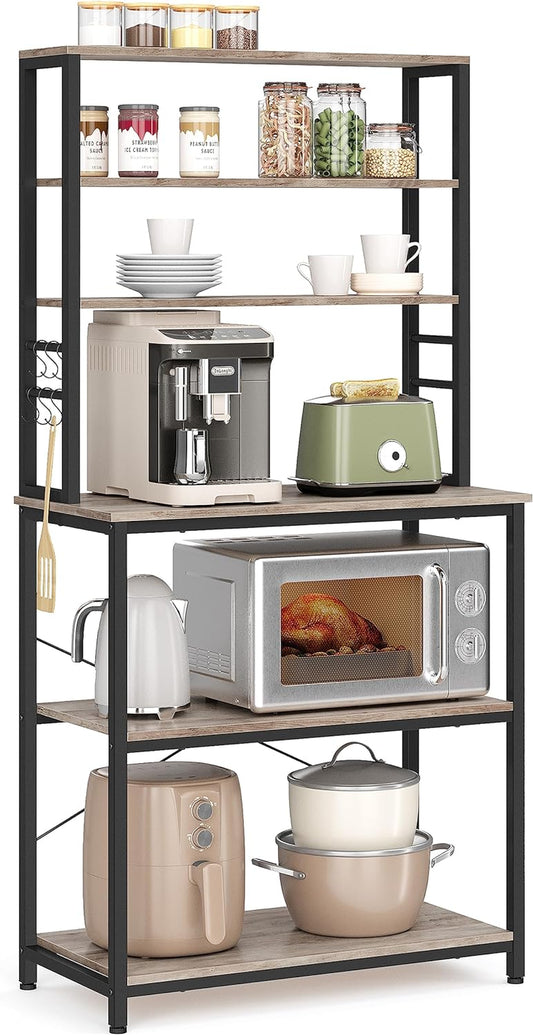 Coffee Bar, 31.5 Inches Baker'S Rack for Kitchen with Storage, 6-Tier Kitchen Shelves with 6 Hooks, Microwave Stand, Industrial, Greige and Black UKKS019B02
