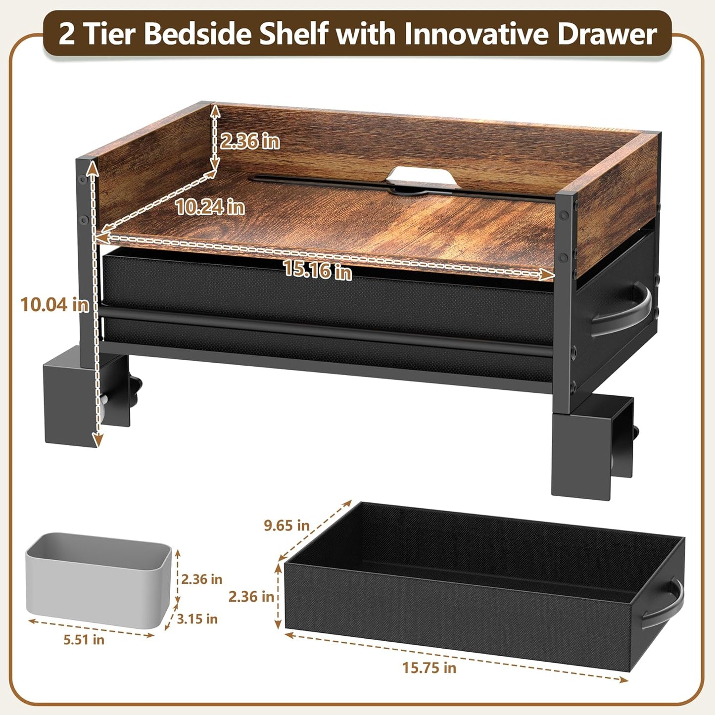 2 Tier Dorm Bed Shelf, Bedside Shelf for Dorm Top Bunk, Nightstand Bedside Table Tray with Fabric Drawer & Storage Box, Bunk Bed Shelf Bedside Tray with Cable Management for Dormitory