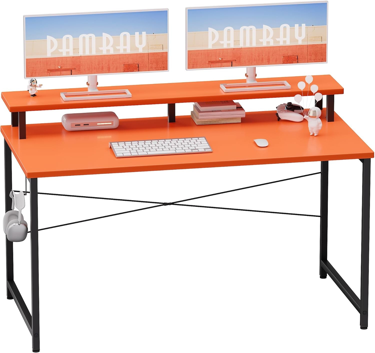 47 Inch Small Computer Desk with Monitor Stand, Simple Office Desk with Headphone Hook for Small Spaces, Kids Study Writing Table for Bedroom, Orange