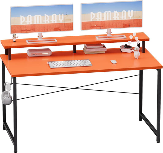 47 Inch Small Computer Desk with Monitor Stand, Simple Office Desk with Headphone Hook for Small Spaces, Kids Study Writing Table for Bedroom, Orange